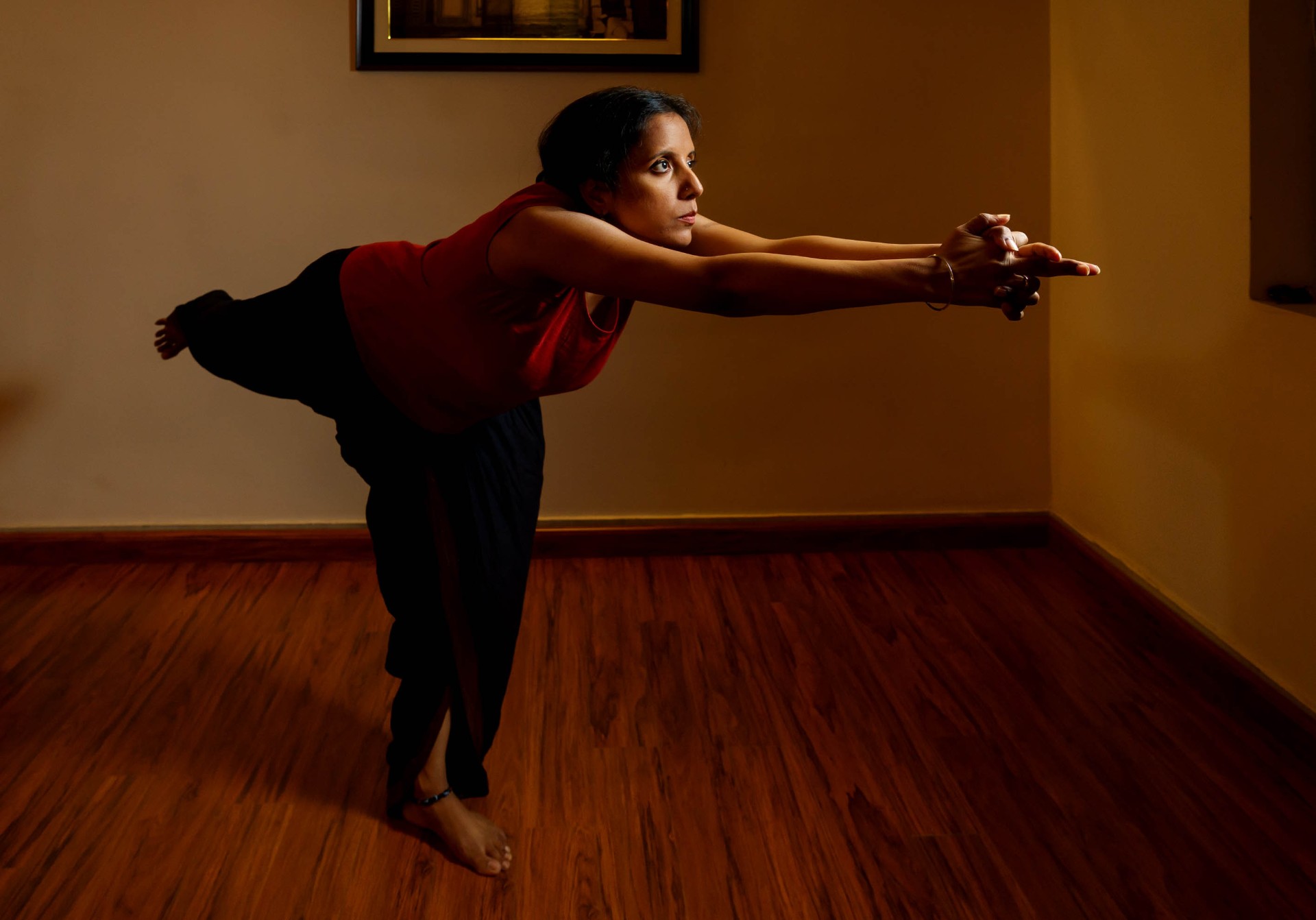 Pallavi in warrior-III, balance and extension